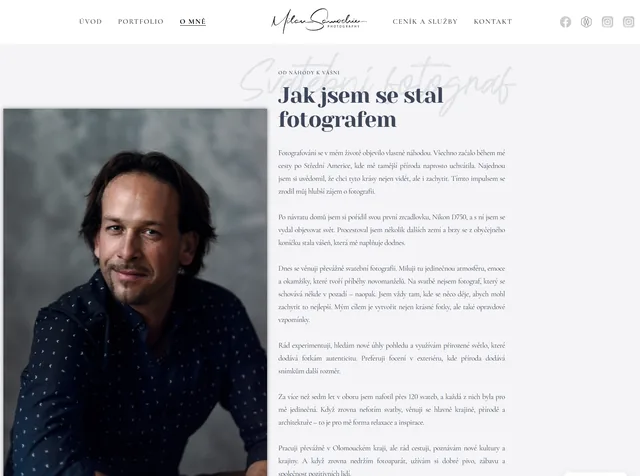 Stránka O mně na webu Milana Samochina s jeho portrétem a vyprávěním, jak se stal fotografem