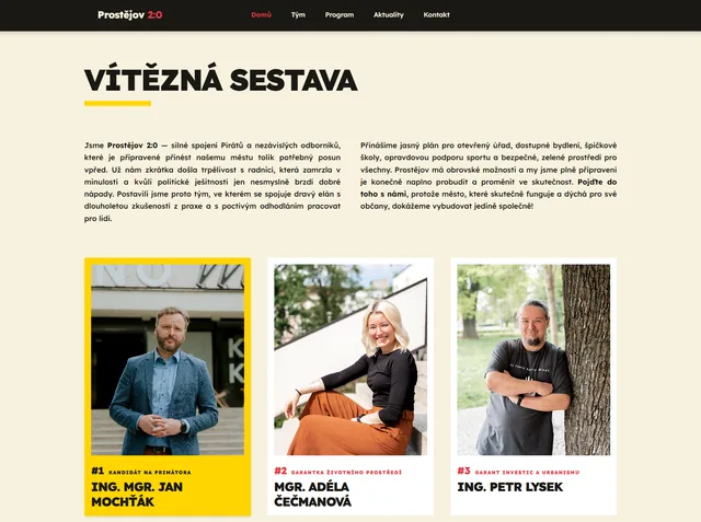 Stránka Vítězná sestava na webu kampaně Prostějov 2:0 s kandidáty na kartách a jejich rolemi